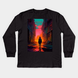 lost boy in a cyber neon cityscape Kids Long Sleeve T-Shirt